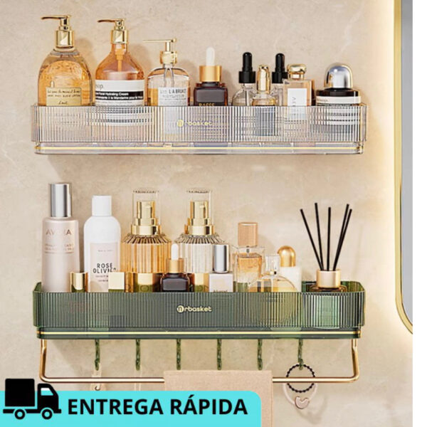 Nº0036 – Suporte De Shampoo Prateleiras De Banheiro Sem Furo Acrilico linhado multiuso ganchos e Porta Toalha