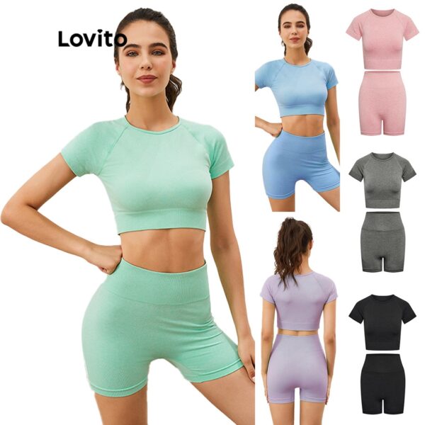 Nº0442 – Lovito Brasil Copa 2022 Cropped Fitness Blusa de Mangas Curtas + Shorts Lipos L03015 (Verde/Azul/Roxo/Cinza/Preto/Rosa)