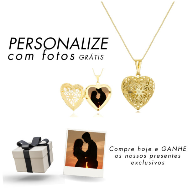 Nº0345 – Colar Relicário Coração com Foto Dourado Relicário Coração Vazado Com Foto Colar Personalizado Com Foto