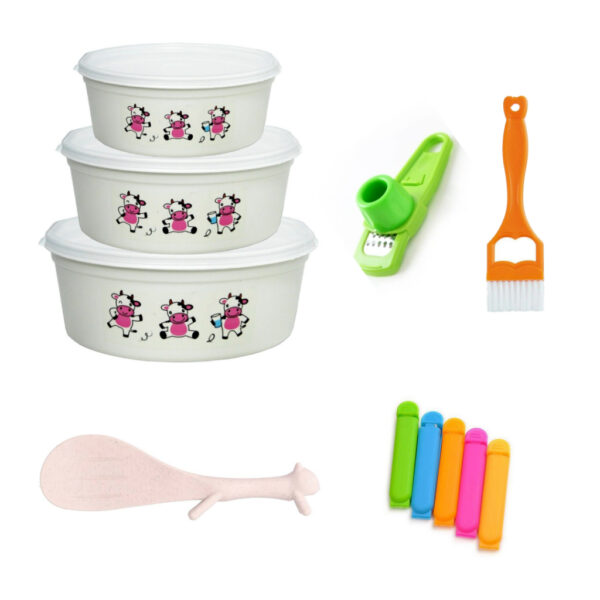 Nº0240 – Kit C/ 3 Potes Vaquinha + Pincel Culinário + 5 Clips Fecha Saco + Colher Esquilo + Ralador Multiuso Para Cozinha Utilidades Casa
