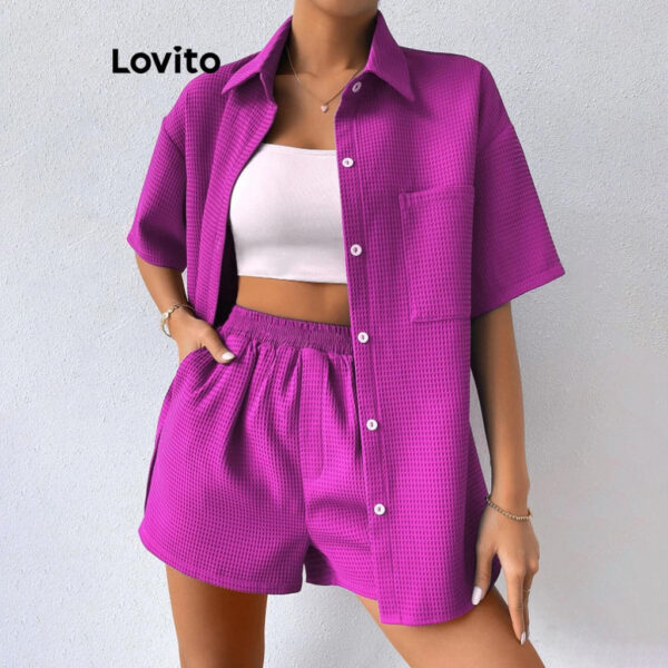 Nº0259 – Lovito Tops ou calças femininas casuais com bolso liso e botão frontal LNL43148