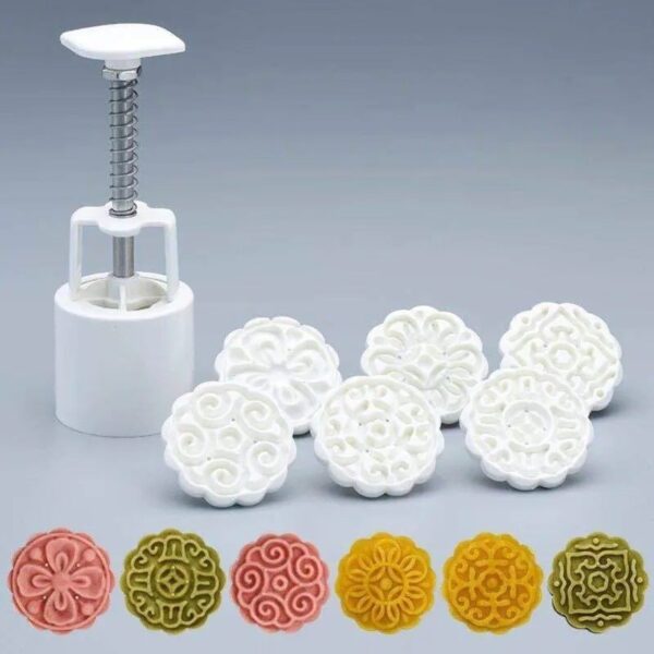 Nº0567 – Ejetor Atuador Mooncake Bolo De Lua Kit 1 Ejetor + 6 Moldes Redondo 50g